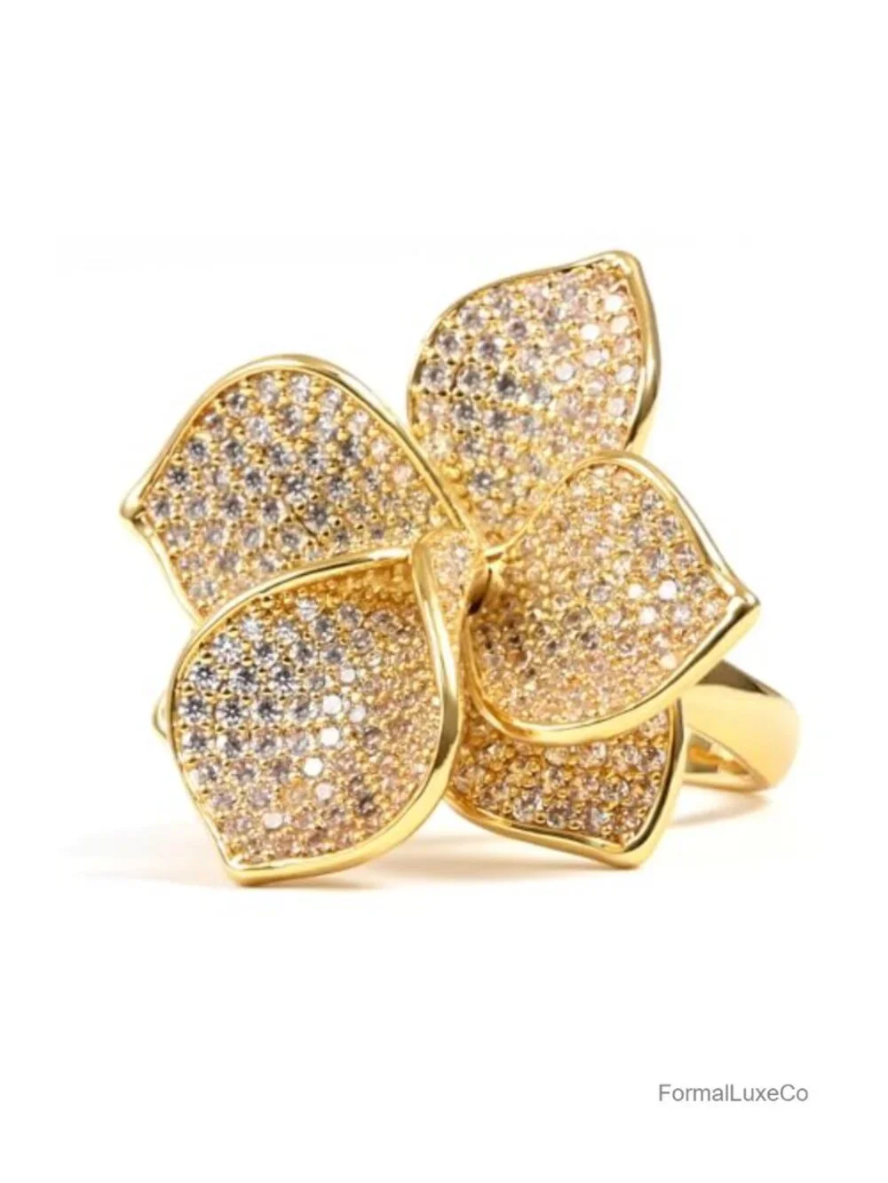 Gold Plated Cubic Zirconia Statement Flower Ring - Adjustable Cocktail Ring